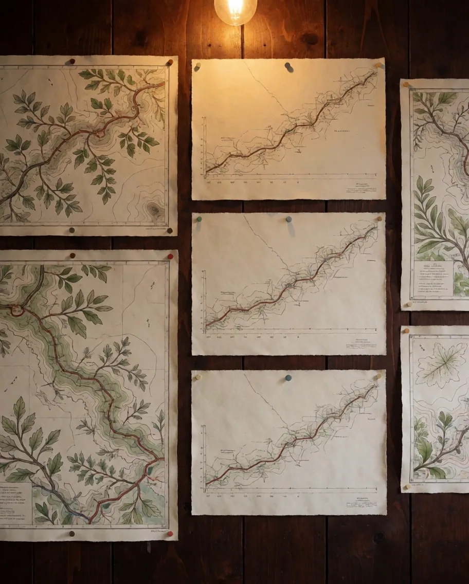 Route profiles pinned to timber wall