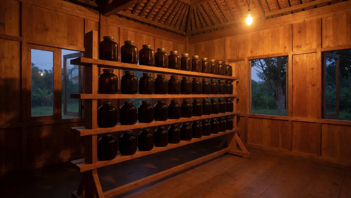 Warm dusk-lit timber preparation bench with amber glass tins
