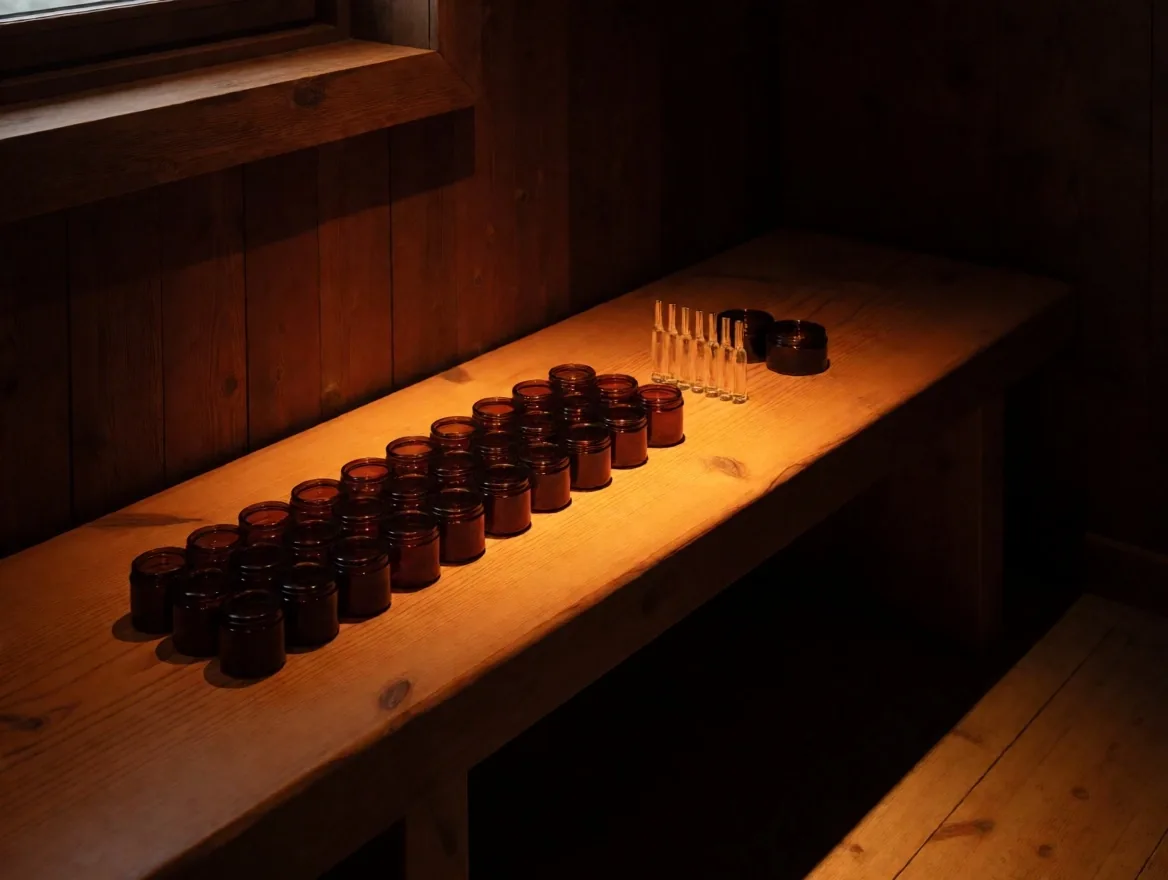 Warm timber lodge preparation bench at dusk with amber glass formula tins