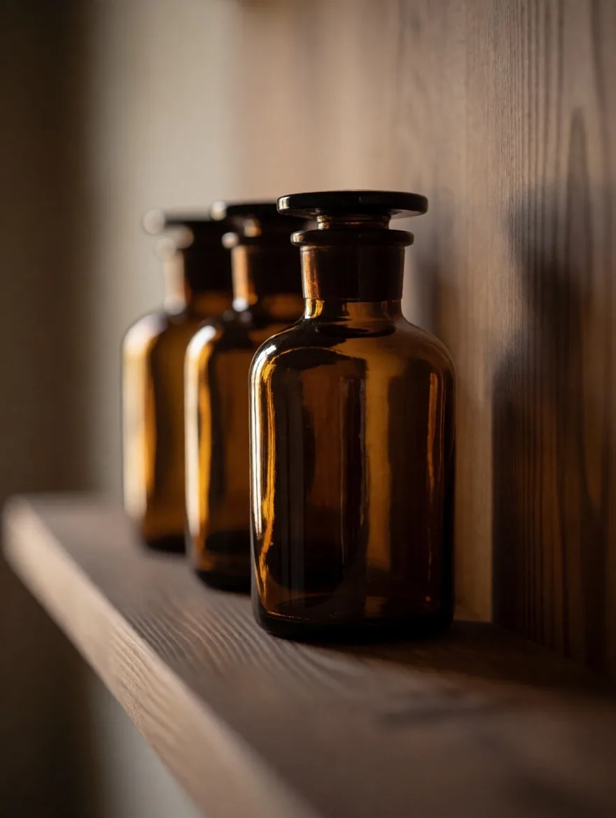 Amber glass bottles of natural capsules on a timber shelf