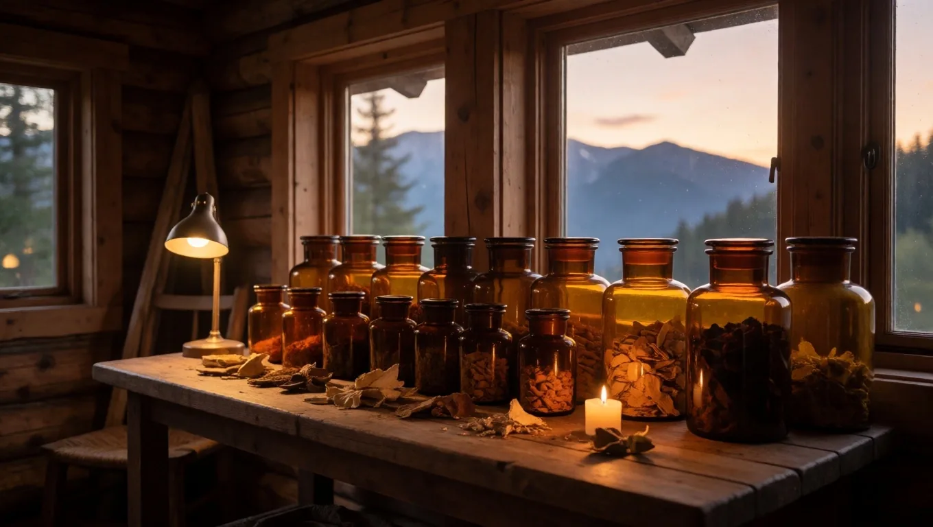 Timber lodge preparation bench at dusk with herbal tins and route profiles on the wall