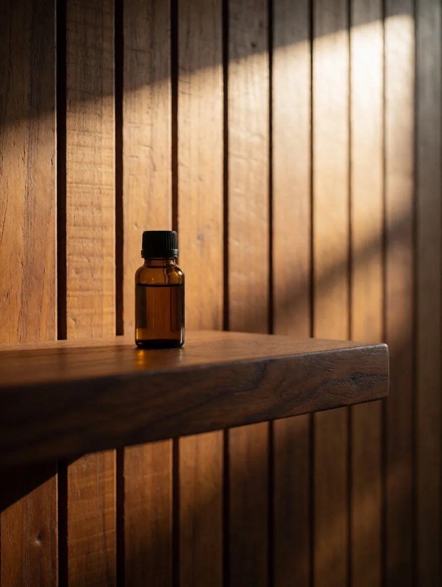 Amber supplement bottle on timber shelf