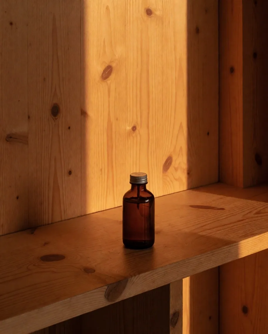 Amber supplement bottle with induction seal on a timber bench