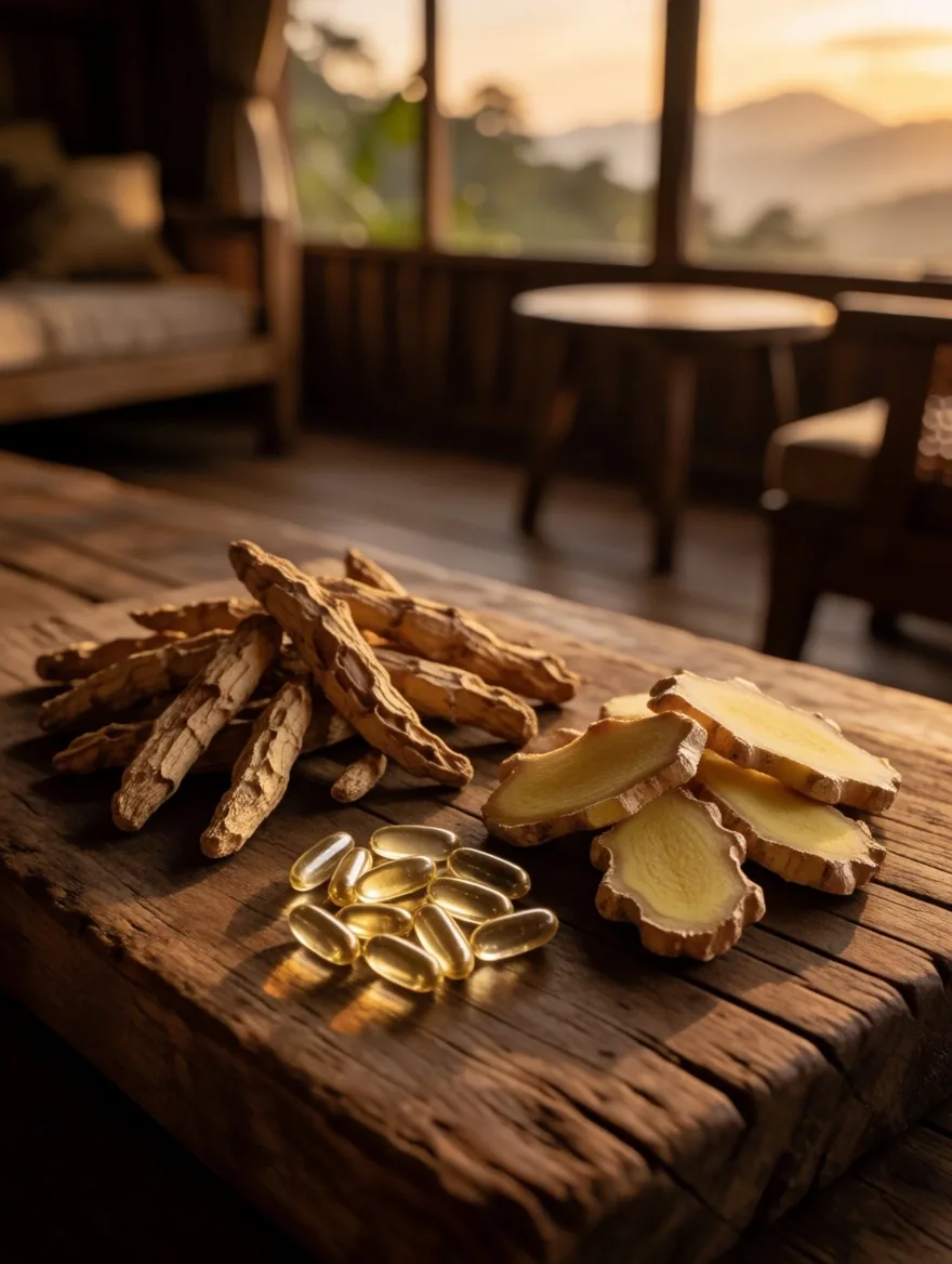 Botanical roots and capsules on a timber board