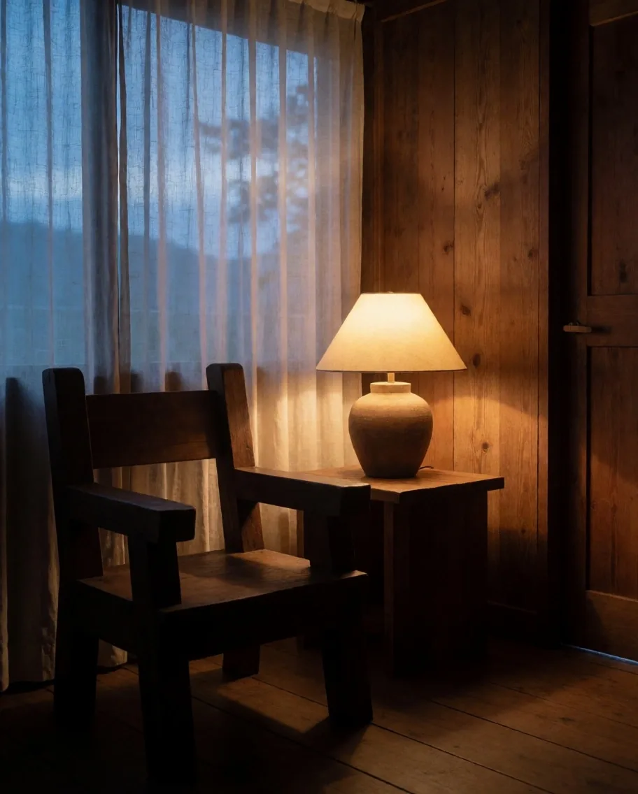 A quiet lodge corner with a warm lamp and snow-light through a low window at dusk