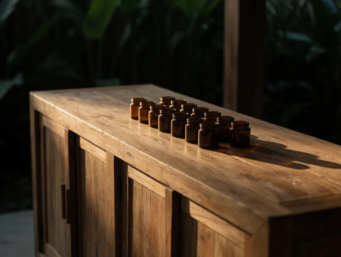 Amber glass tins and jars on a pine plank bench under warm lamplight