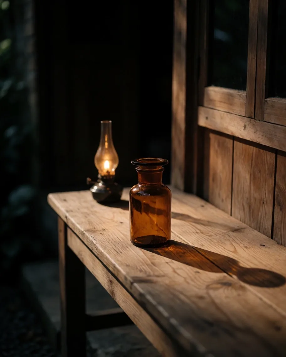 Amber glass apothecary bottle with a handwritten label on a pine bench