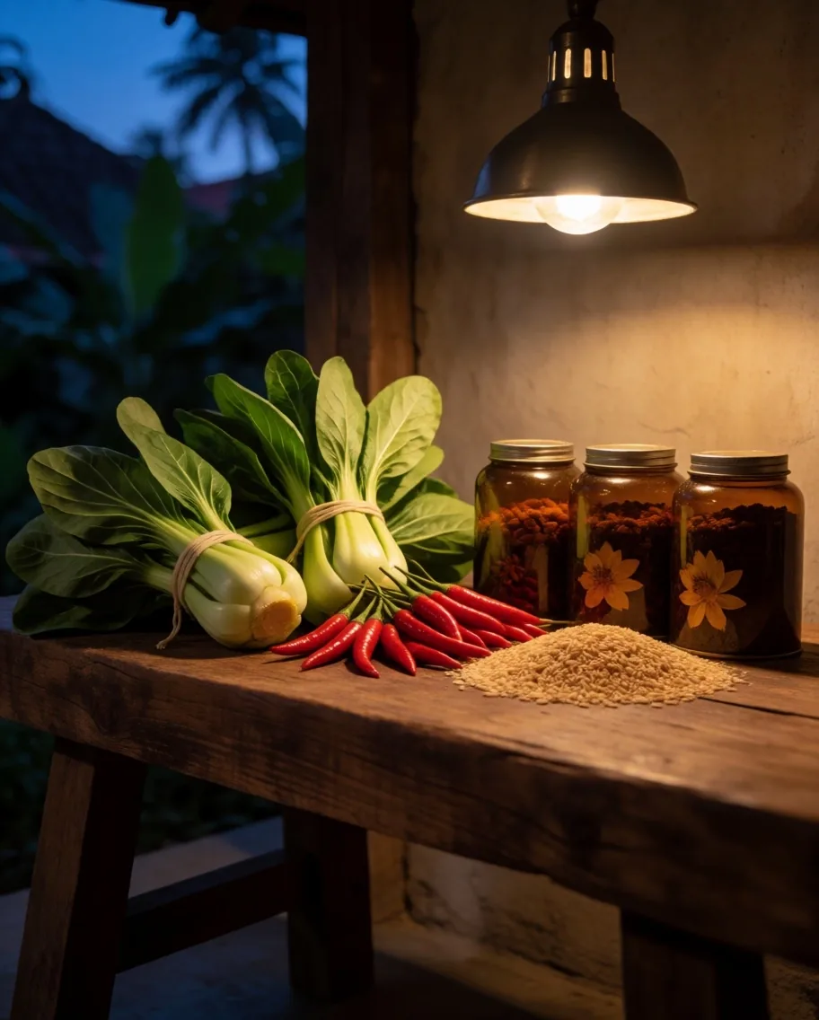 Fresh vegetables and grains beside amber herbal tins on a timber bench at dusk